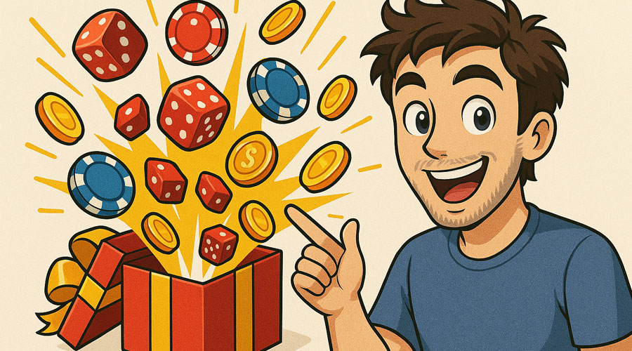 A vibrant graphic showing a gift box opening with casino chips, dice, and golden coins flying out