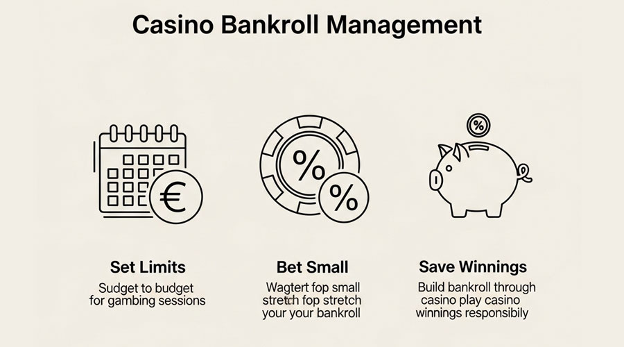 An infographic showing the three golden rules of bankroll management: set limits, bet small, and save winnings.