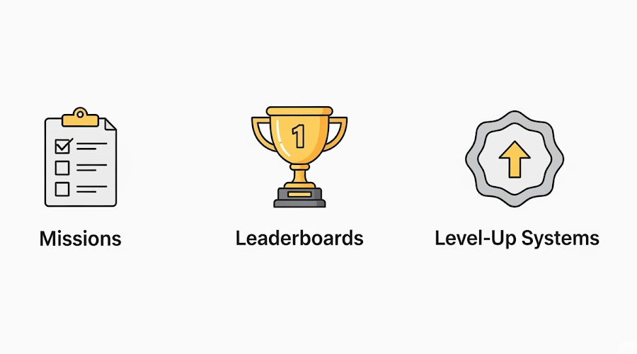Un'infografica che mostra i principali elementi della gamification nei casinò: missioni, classifiche e sistemi di livello.