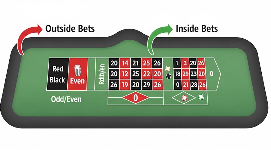 Un'infografica che spiega i diversi tipi di scommesse su un tavolo di live roulette.