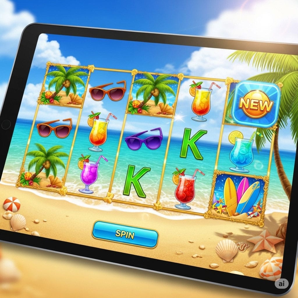 An image of a laptop playing online sluts for a summer themed slot machine game