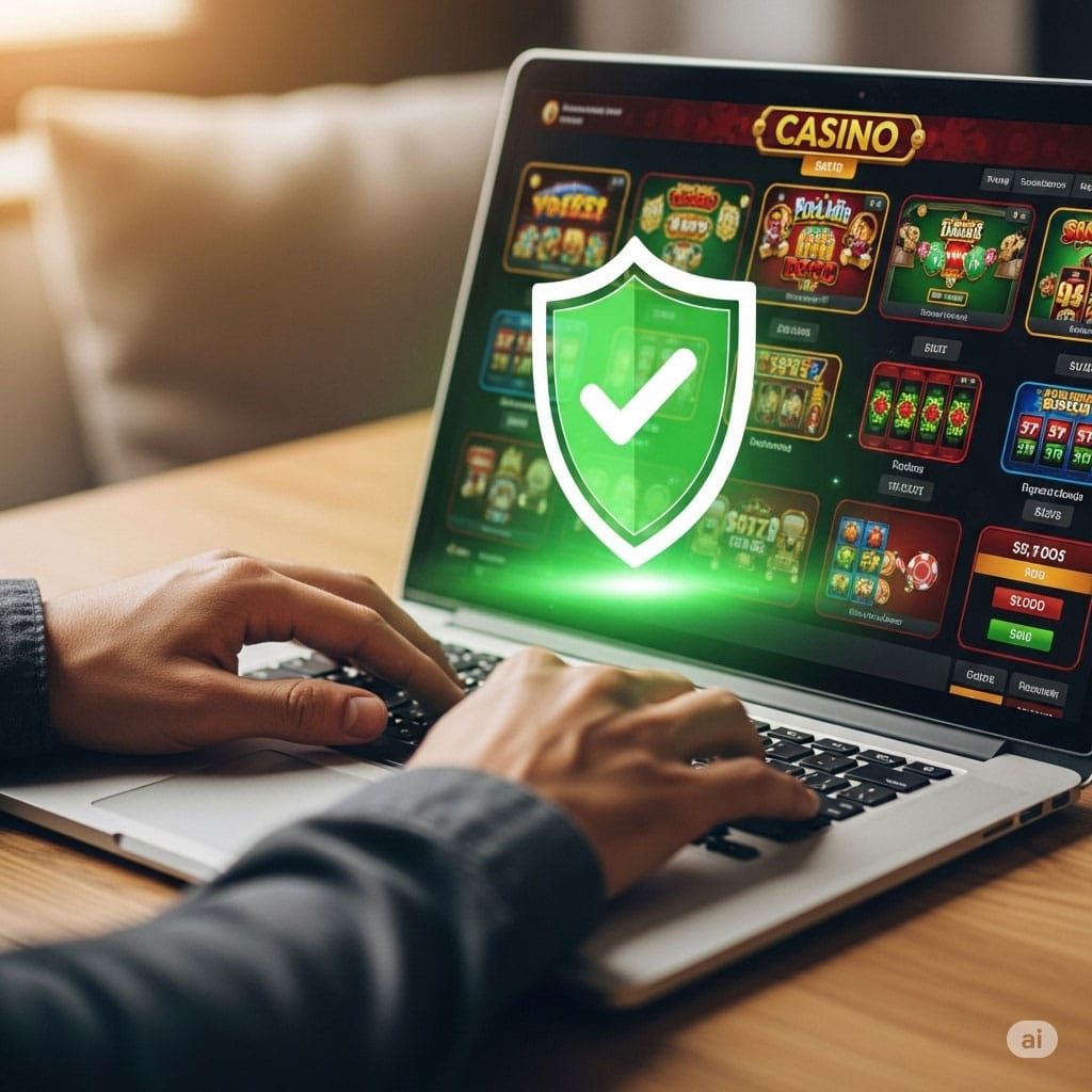 Lista kontrolna wyboru bezpiecznego kasyna online, pokazująca laptop z ikoną tarczy bezpieczeństwa.