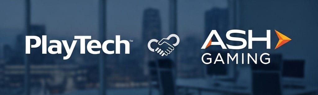 Un'immagine aziendale che mostra i loghi di Playtech e Ash Gaming con un'icona di stretta di mano, a rappresentare l'acquisizione.