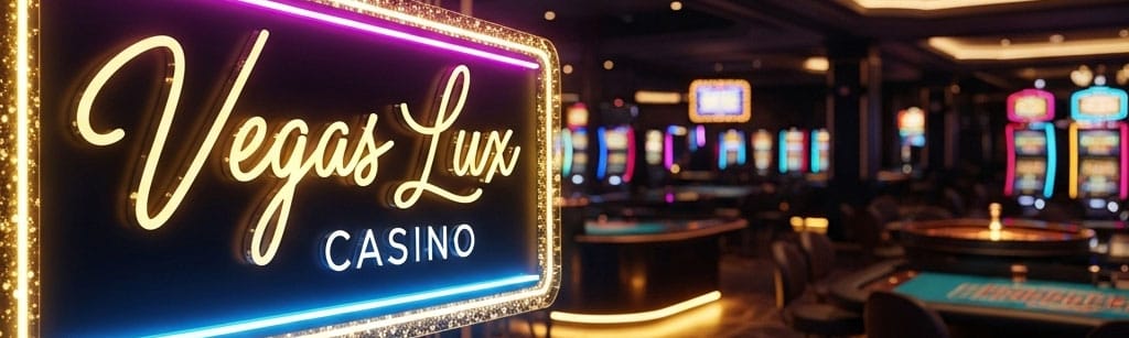A glowing neon sign for the new 'Vegas Lux Casino' in a modern casino environment.