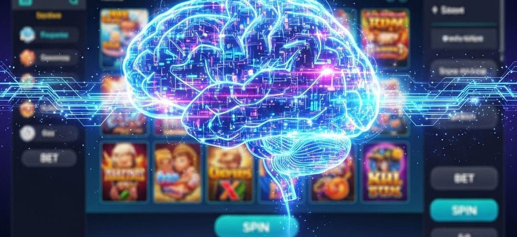 A glowing AI brain overlaid on a blurred online casino interface, symbolizing how machine learning predicts player preferences and enhances online gambling.