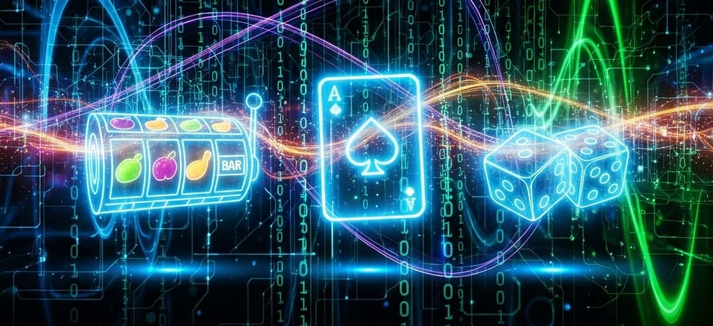 Grafika wysokiej technologii pokazująca, jak Generator Liczb Losowych (RNG) tworzy uczciwe wyniki dla automatów, kart i kości w kasynach online.